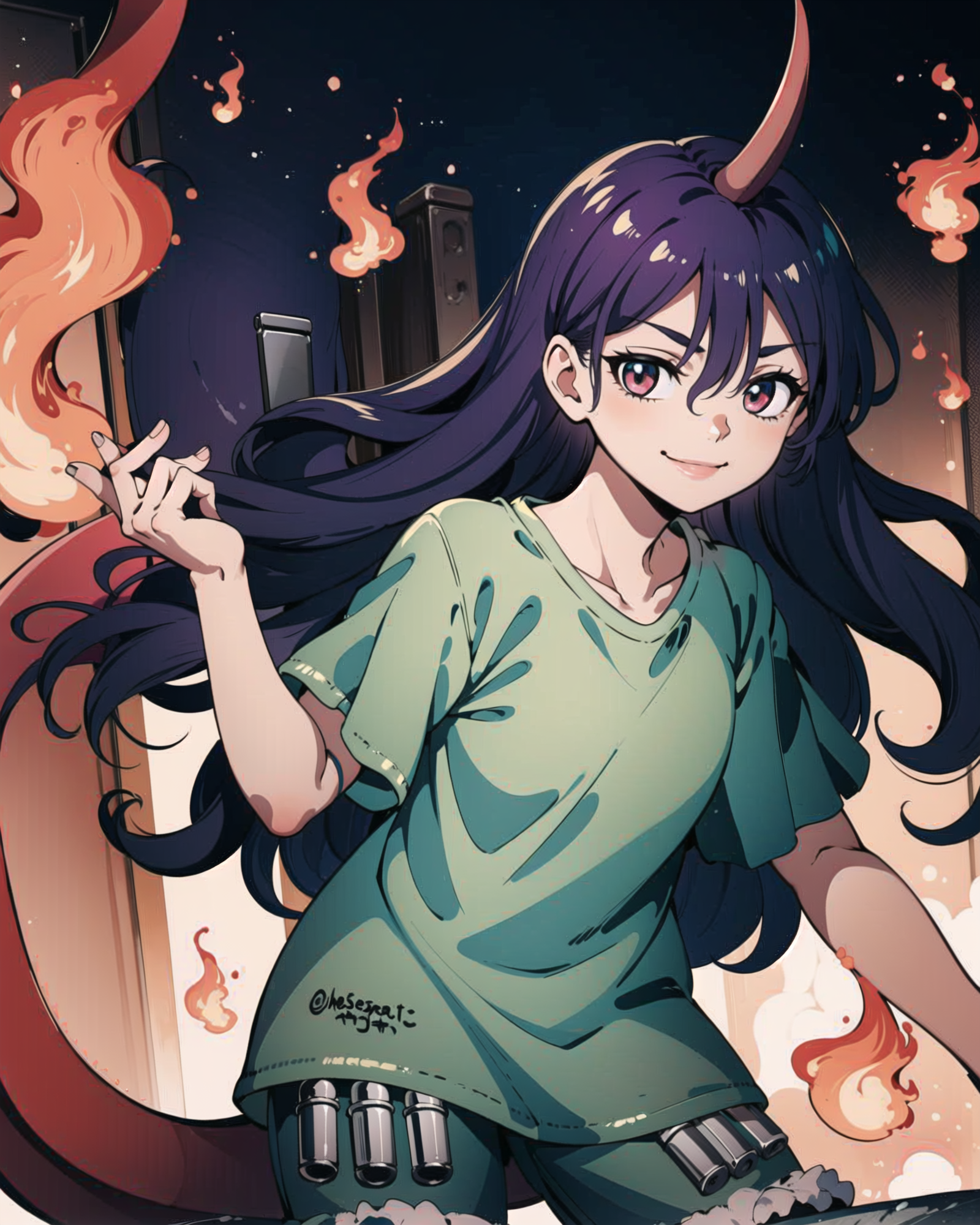 00075-655612760-1girl, chiyari tenkajin, shirt,green shirt, shorts, fire, looking at viewer, smile, solo, _lora_chiyari_tenkajin_1_, masterpiece.png